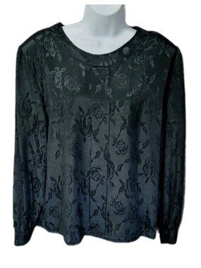 Vintage 80s Black Sateen Blouse 16 Elegant Mob Wife Rose Textured Big Shoulder